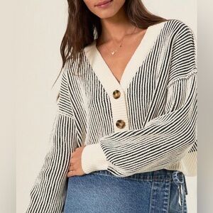 Altar'd State Cream & Black Striped V-Neck Button Cardigan